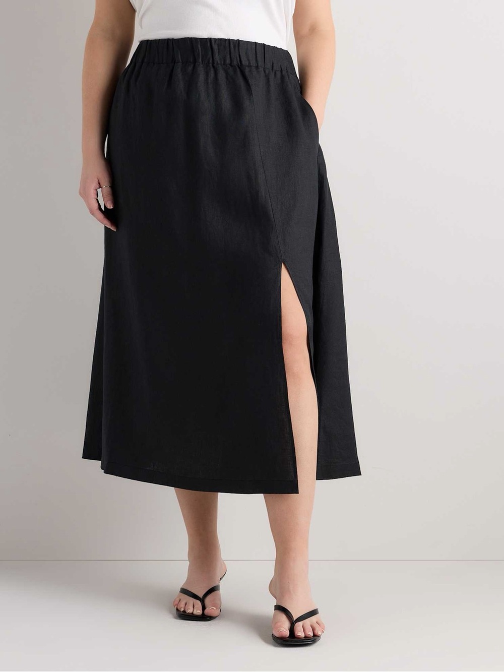 Quince 100% Linen Black Elastic-Waist Midi Skirt Medium